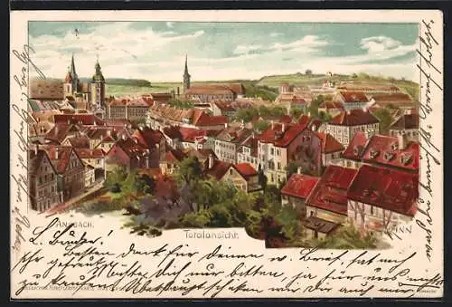 Lithographie Ansbach / Bayern, Totalansicht mit Kirche