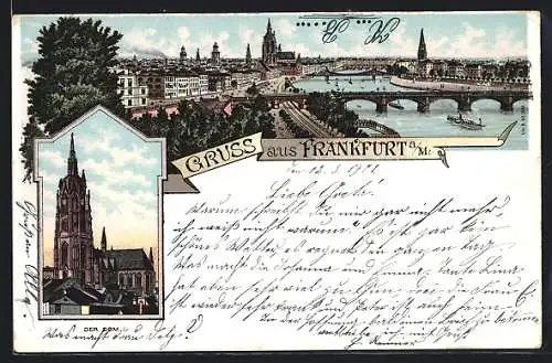 Lithographie Frankfurt a. M., Dom, Ortsansicht mit Mainbrücken