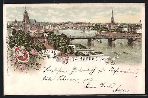 Lithographie Frankfurt a / M., Teilansicht mit Brücke und Wappen