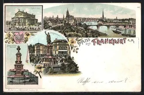 Lithographie Frankfurt a. M., Opernhaus, Schützenbrunnen, Friedrich Stoltze-Denkmal
