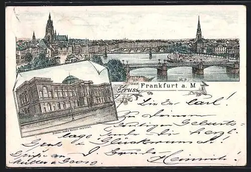 Lithographie Frankfurt a. M., Städelsches Kunst-Institut, Totalansicht mit Mainbrücken