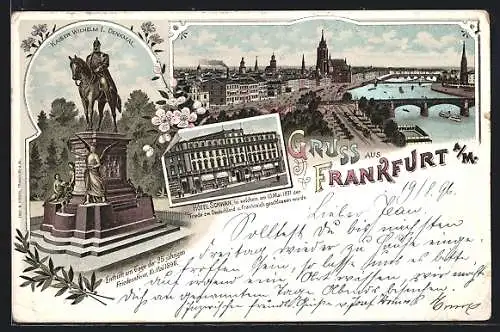 Lithographie Frankfurt a / M., Hôtel Schwan, Kaiser Wilhel I. Denkmal, Teilansicht mit Brücke
