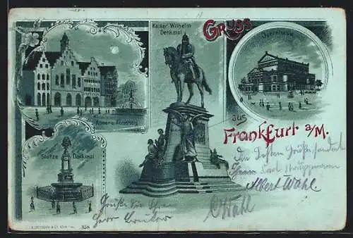 Mondschein-Lithographie Frankfurt a. M., Stoltze-Denkmal, Kaiser Wilhelm-Denkmal, Opernhaus