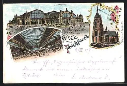 Lithographie Frankfurt, Hauptbahnhof, Innenansicht, Batholomäus-Kirche