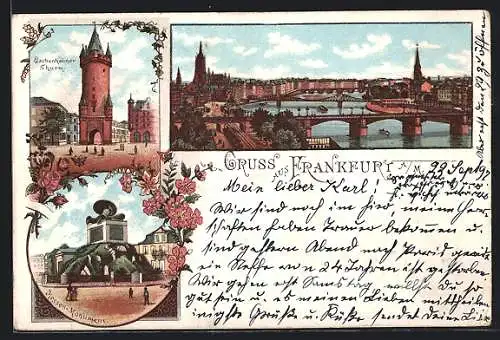 Lithographie Frankfurt a. M., Hessen-Monument, Teilansicht mit Brücken