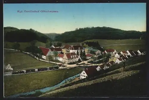 AK Offenhausen / Gestütshof, Ortsansicht mit Kgl. Gestütshof und Eisenbahn aus der Vogelschau