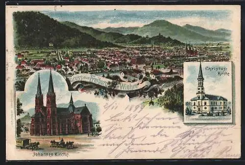 Lithographie Freiburg-Wiehre / Breisgau, Johannes Kirche mit Pferdebahn, Gesamtansicht mit Bergpanorama