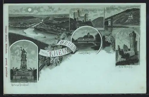 Mondschein-Lithographie Bingen / Rhein, Nationaldenkmal, Ruine Ehrenfels, Gesamtansicht mit Brücke aus der Vogelschau