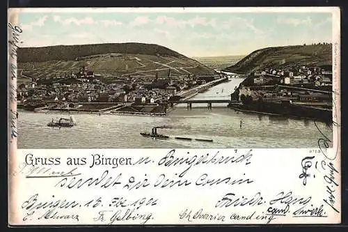 Lithographie Bingen / Rhein, Gesamtansicht mit Brücken und Frachtschiffen aus der Vogelschau