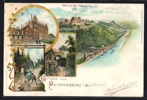 Lithographie Petersberg / Rhein, Zentralbahn, Hotel, Flusspartie