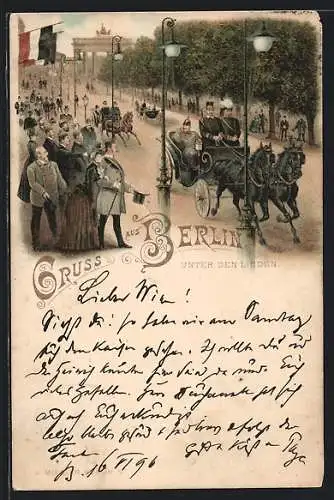 Lithographie Berlin, Stasse Unter den Linden mit Brandenburger Tor