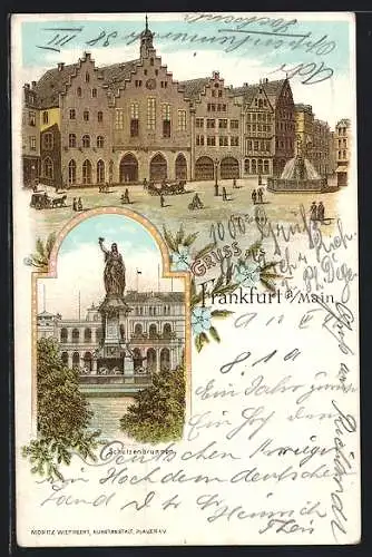 Lithographie Frankfurt a. Main, Der Römer, Schützenbrunnen