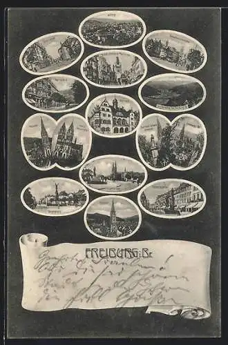 AK Freiburg / Breisgau, Schwabentorbrücke, Rathaus, Kaiserbrücke, Münster, Siegesplatz