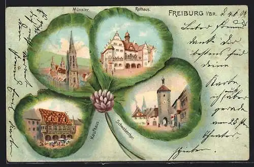 Passepartout-Lithographie Freiburg / Breisgau, Rathaus, Münster, Kaufhaus, Schwabenthor im Vierblattklee