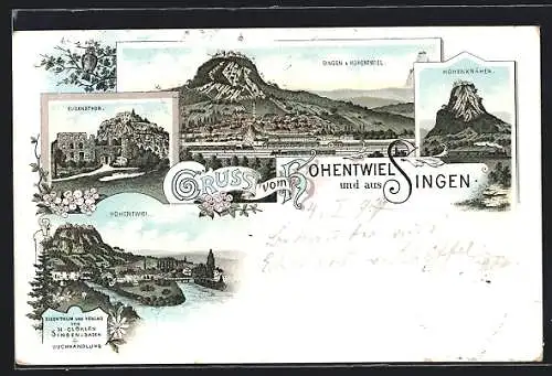Lithographie Singen / Hohentwiel, Teilansicht mit Hohentwiel, Eugenstor, Hohenkrähen
