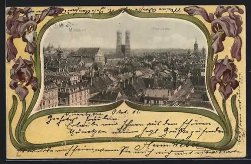 AK München, Panorama mit Frauenkirche, Passepartout