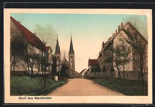 AK Marialinden / Köln, Strassenpartie mit Kirche