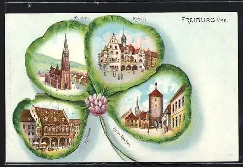 Passepartout-Lithographie Freiburg / Breisgau, Kleeblatt hat Kaufhaus, Schwabenthor, Münster und Rathaus
