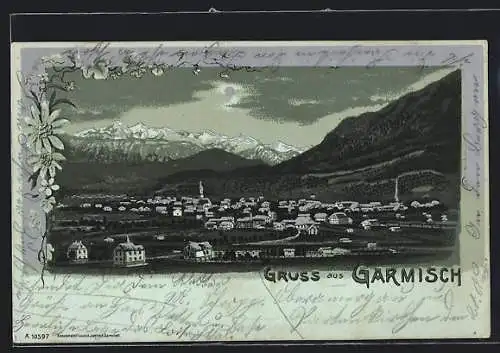 Mondschein-Lithographie Garmisch, Teilansicht mit Bergen