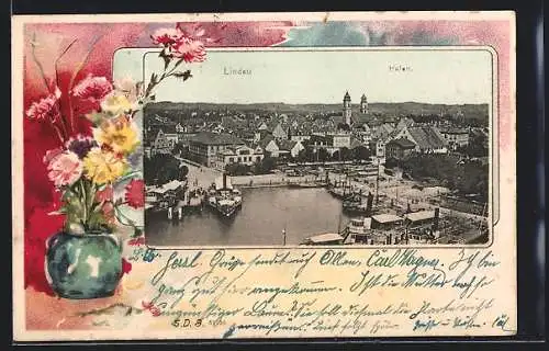 AK Lindau / Bodensee, Hafen mit Kirche, Vase mit Nelken, Passepartout
