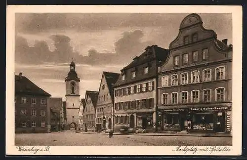 AK Weissenburg / B., Marktplatz mit Spitaltor und Geschäften, Kaiser`s Kaffee - Geschäft