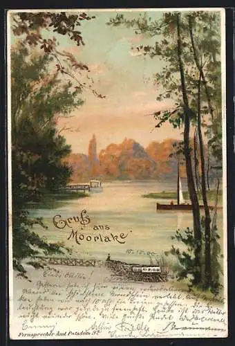 Lithographie Berlin-Wannsee-Moorlake, Blick über den See