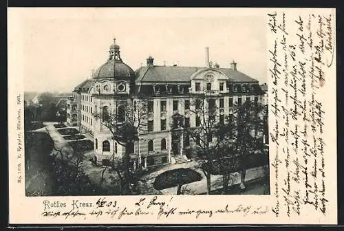 AK München-Neuhausen, Rotes Kreuz, Gebäude mit Anlagen aus der Vogelschau