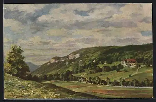 Künstler-AK Lichtenstein / Schloss, Traifelberg mit Hotel Traifelberg und Schönberg im Hintergrund