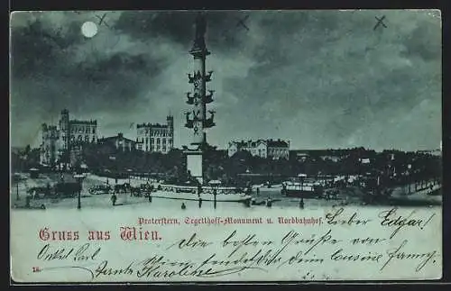 Mondschein-AK Wien, Praterstern, Tegetthoff-Monument und Nordbahnhof