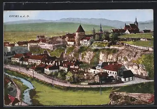 AK Krems a. d. Donau, Ortsansicht mit Bergpanorama aus der Vogelschau