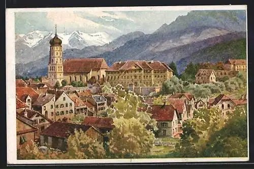 Künstler-AK Bludenz, Ortsansicht mit Kirche und Bergblick