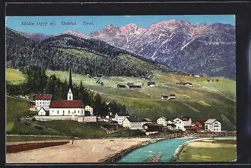 AK Sölden, Ortschaft mit Kirche und Fluss im Oetztal