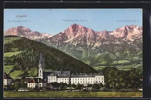 AK Admont, Teilansicht mit Stift und Scheiblingstein-Panorama