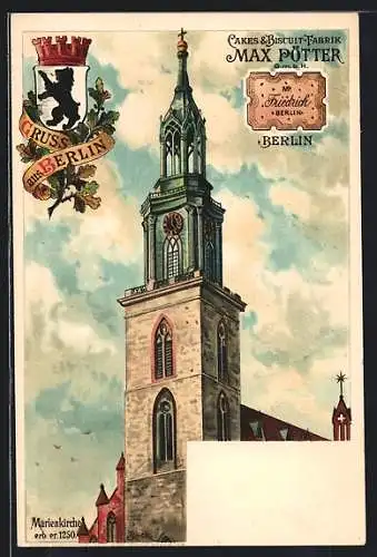 Lithographie Berlin, Strasse Neuer Markt, Marienkirche, Wappen