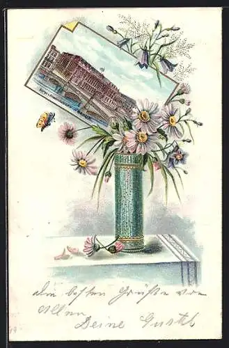 Lithographie Berlin, Börse und Friedrichsbrücke, AK in Blumenvase, Burgstrasse
