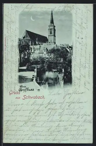 Mondschein-AK Schwabach, Am Ausfluss, Blick zur Kirche