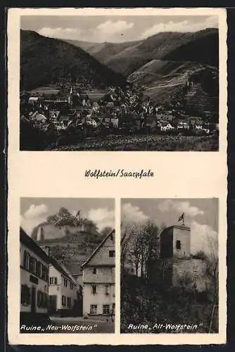 AK Wolfstein /Saarpfalz, Ruine Neu- und Alt-Wolfstein, Ortsansicht aus der Vogelschau