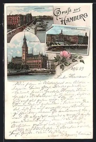 Lithographie Hamburg, Jungfernstieg, Alsterarcaden & Reesendammbrücke, Rathaus