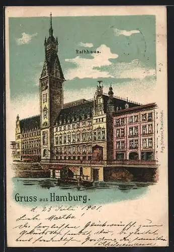 Lithographie Hamburg, Darstellung vom Rathaus