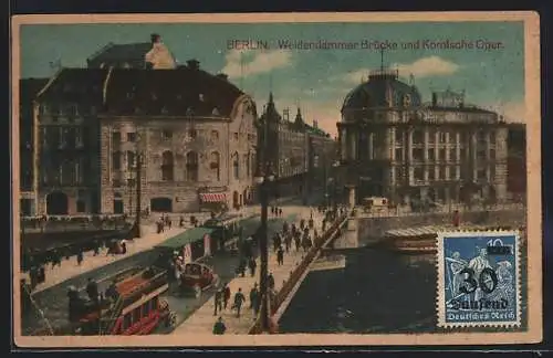 AK Berlin, Partie an der Weidendammer Brücke, Komische Oper, Bus, Strassenbahn, Dampfer