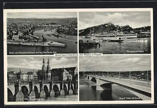 AK Koblenz am Rhein, Blick vom Ehrenbreitstein auf das Deutsche Eck, alte Moselbrücke, Brücke
