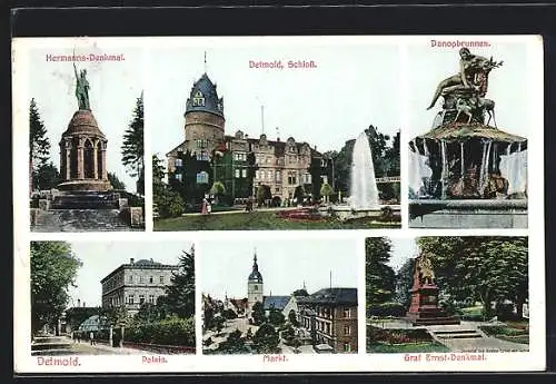 AK Detmold, vor dem Schloss, das Hermanns-Denkmal, am Palais, das Graf Ernst-Denkmal