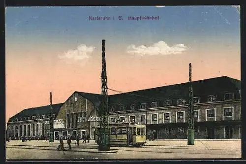 AK Karlsruhe, Hauptbahnhof mit Strassenbahn
