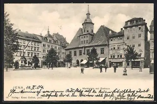 AK Jena, Marktplatz mit Rathaus und Geschäften