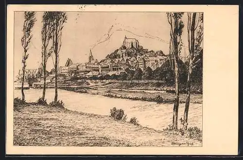 Künstler-AK Marburg, Blick vom Lahndamm auf die Stadt