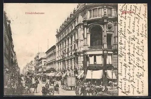 AK Berlin, Partie in der Friedrichstrasse, mit Kutschen