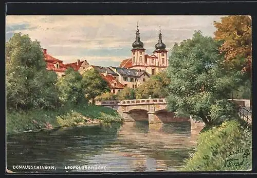 Künstler-AK Donaueschingen, Leopoldsbrücke mit Blick zur Kirche