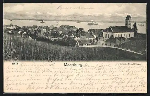 AK Meersburg, Ortsansicht mit Bodensee und Dampfer