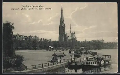 AK Hamburg-Hohenfelde, Gertrudenkirche mit Kuhmühlenteich