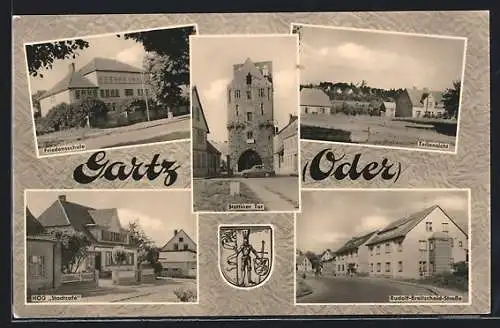 AK Gartz, HO-Gaststätte Stadtcafe, Friedensschule, Stettiner Tor, Wappen